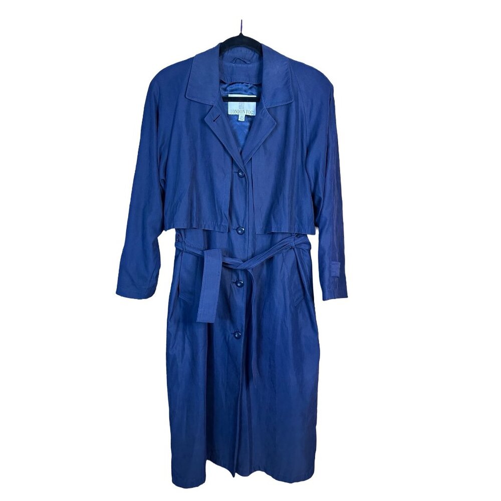 London Fog Womens Petite Trench Coat Size S Navy Blue Belted